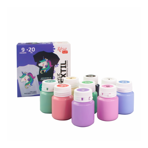 Tekstiilivärvi k-t UNICORN, 9värvi *20ml, pastell värvid, ROSA TALENT