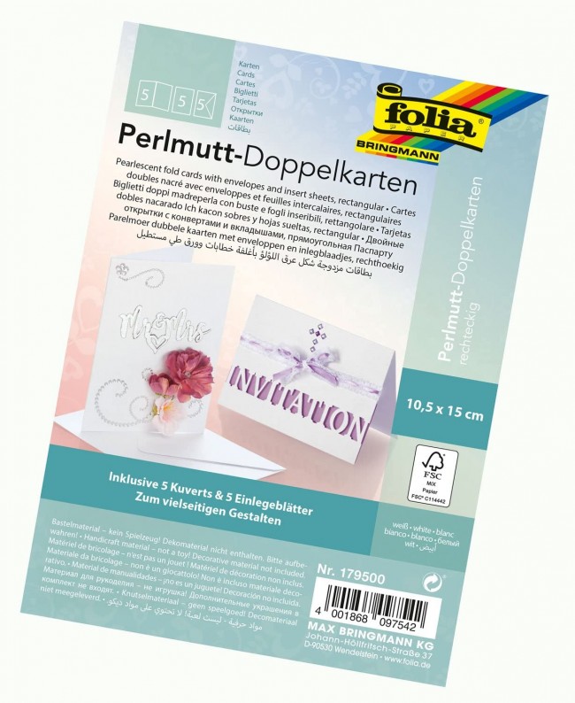 Cards-rectangular pearlescent cardboard WHITE incl. Cards & envelopes, 250g/m?, 10,5x15cm