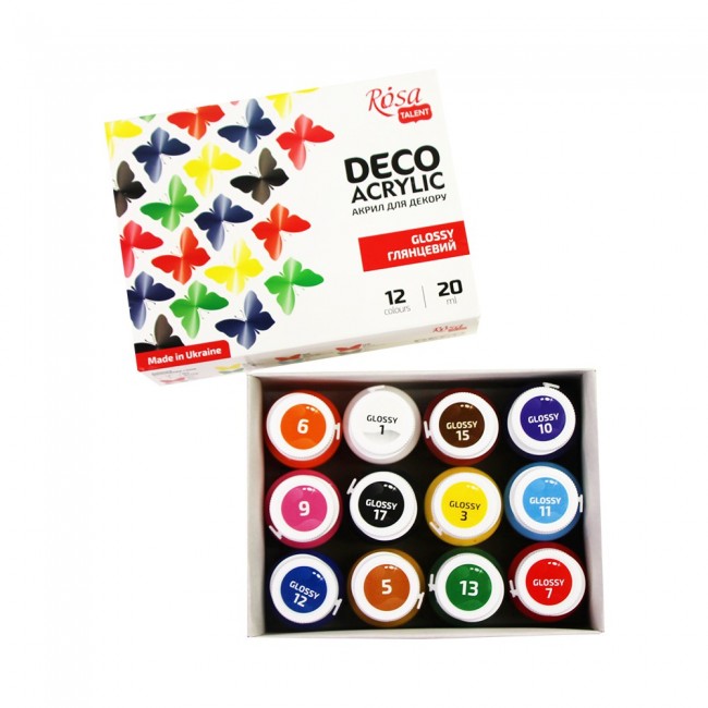 Glossy Acrylic paint for decor works set, 12*20ml ROSA TALENT
