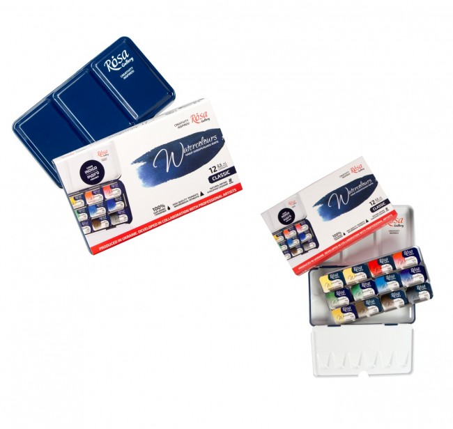 Set of watercolor paints "Classic" ROSA Gallery, metal case, Indigo, 12 colors,
