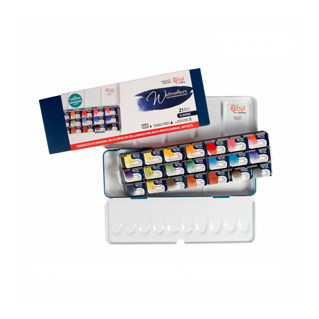 Set of watercolor paints "Classic" ROSA Gallery, metal case, Turquoise, 21 colors,