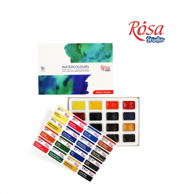 Set of watercolor paints, ROSA Studio, 16 colors, pans, cardboard