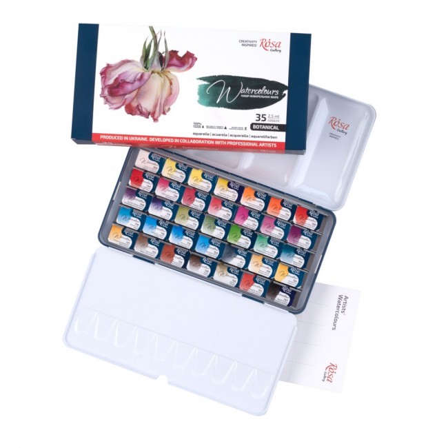 Set of watercolor paints "Botanical" ROSA Gallery, metal case, 35 colors, full pans