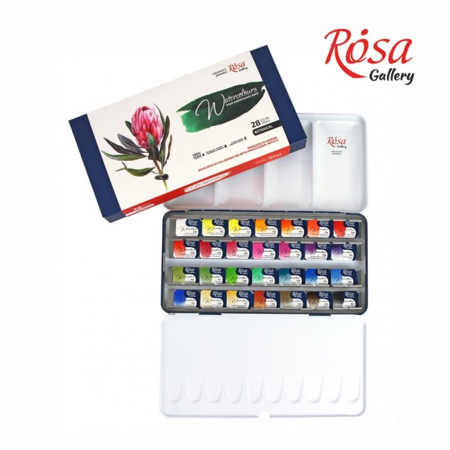 Set of watercolor paints "Botanical" ROSA Gallery, metal case, 28 colors, full pans