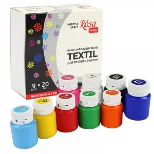 Set of acrylic paints for textile, 9col., 20ml, ROSA TALENT