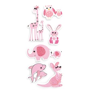 3D Glitter Stickers - Zoo Animals, 6 Pcs - Pink