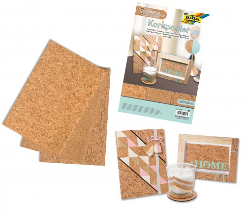 Cork-Paper self adhesive, 20x30cm 3 sheets in 3 motifs assorted