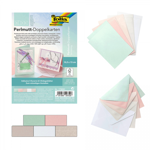 Cards-rectangular pearlescent cardboard PASTEL incl. Cards & envelopes, 250g/mІ, 10,5x15cm