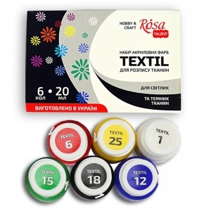 Set of acrylic paints for textile, 6col., 20ml, ROSA TALENT
