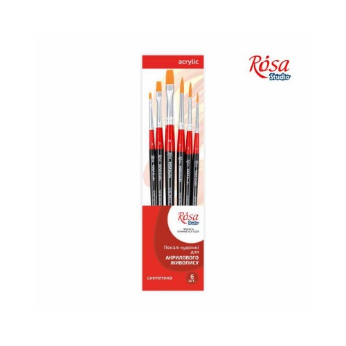 Set of brushes 12,  Synthetic, 6pc., Flat №2,5,10, Round №1,3,5, Short Handle, ROSA Studio