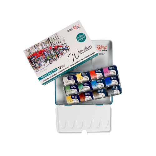 Set of watercolor paints "Urban Sketching" ROSA Gallery, metal case, Turquoise, 12 colors