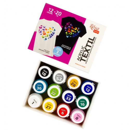 Set of acrylic paints for textile HEART, 12col., 20ml, incl. 2 metallic, ROSA TALENT