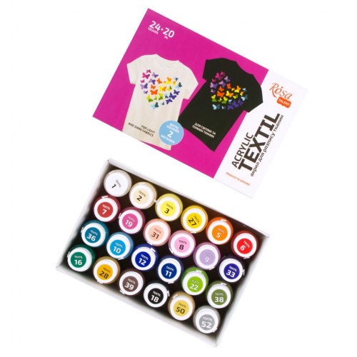 Set of acrylic paints for textile HEART, 24col., 20ml, incl. 2 metallic, ROSA TALENT