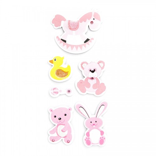 3D Glitter Stickers - Stuffed Toys, 6 Pcs - Pink