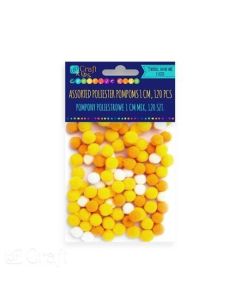 YELLOW ASSORTED POLIESTER POMPOMS 1 CM, 120 PCS